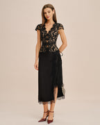 Black V Neck Lace Button Blouse