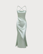 Green X Cross Slip A-Line Maxi Dress