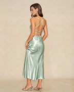 Green X Cross Slip A-Line Maxi Dress