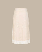 Apricot Floral Embroidery Mesh Midi Skirt