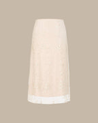 Apricot Floral Embroidery Mesh Midi Skirt